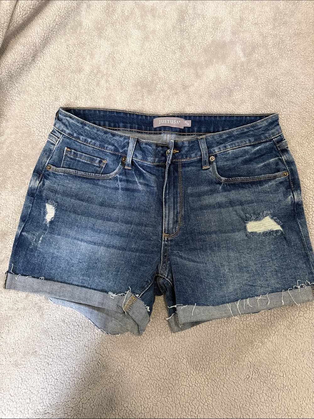 Just USA Rolled Hem Distressed Blue Denim Shorts